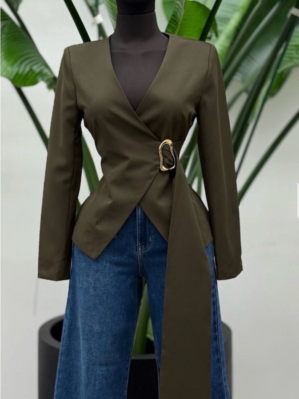 Tailored Olive Green Wrap Jacket with Gold Buckle